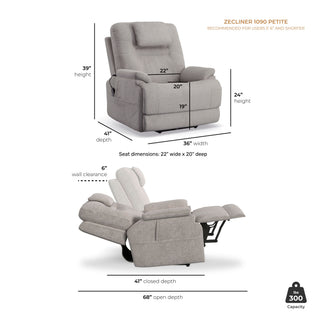 Zecliner Model 2 Petite Fabric Power Sleep Recliner with Power Headrest & Lumbar