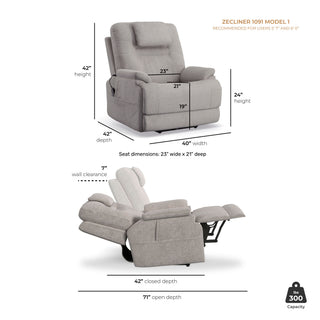 Zecliner Model 1 Fabric Power Sleep Recliner with Power Headrest & Lumbar