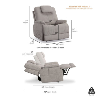 Zecliner Model 1 Fabric Power Lift Sleep Recliner with Power Headrest & Lumbar