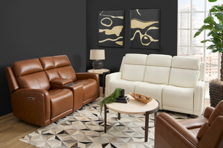 Alister Leather Power Gliding Loveseat with Console, Power Headrests & Lumbar