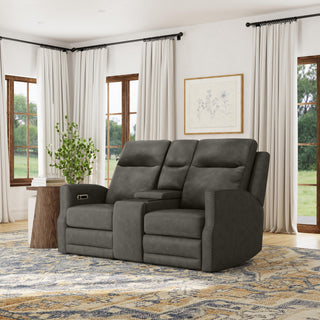 Maxwell Leather Power Reclining Loveseat with Console, Power Headrests and Lumbar