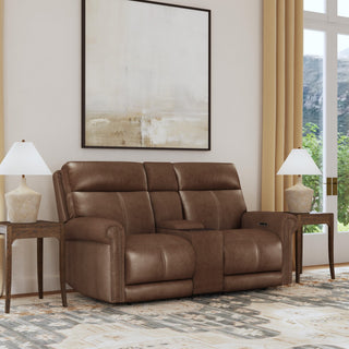 Alexander Leather Power Reclining Loveseat with Console, Power Headrest & Lumbar