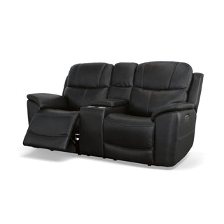 Crew Leather Power Reclining Loveseat with Console, Power Headrests & Lumbar