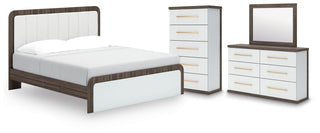 Kendanport King Upholstered Bed, Dresser, Mirror and Chest