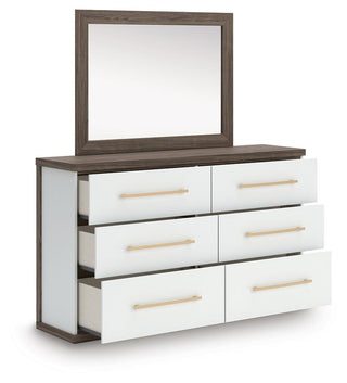 Kendanport Queen Upholstered Platform Bed, Dresser and Mirror