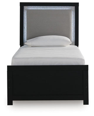 Maeling Twin Upholstered Panel Bed, Dresser and Mirror