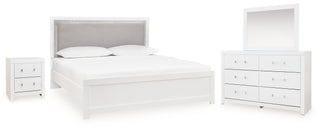 Maeling Queen Upholstered Panel Bed, Dresser, Mirror and Nightstand