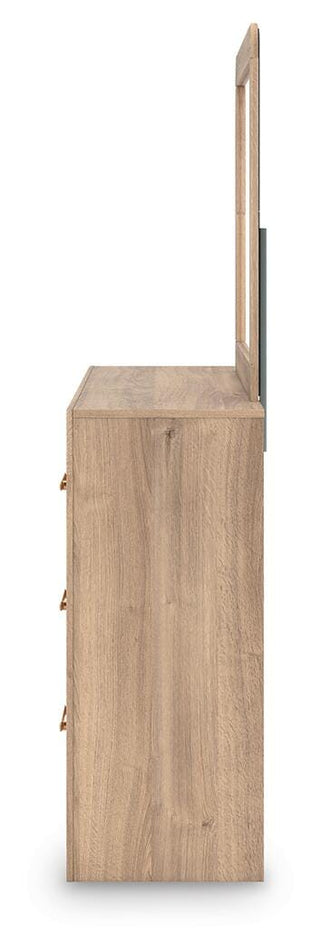 Kinlanni Queen Upholstered Panel Bed, Dresser and Mirror