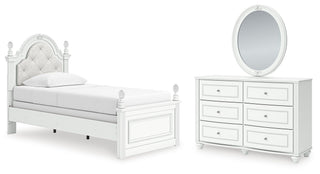 Kozlani Twin Upholstered Panel Bed, Dresser and Mirror
