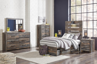 Drystan Twin Panel Bed with Storage, Dresser, Mirror and Chest