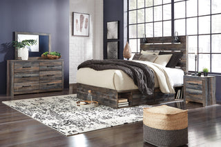 Drystan King Panel Bed with Storage, Dresser, Mirror and Nightstand