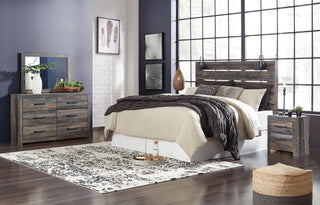 Drystan King Panel Headboard with Metal Frame, Dresser, Mirror, and Nightstand