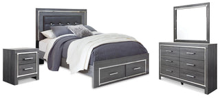 Lodanna Queen Upholstered Panel Storage Bed, Dresser, Mirror, and Nightstand