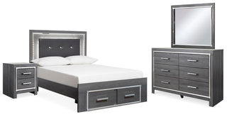 Lodanna Full Upholstered Panel Storage Bed, Dresser, Mirror, and Nightstand