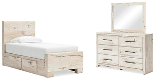 Lawroy Twin Panel Bed with Storage, Dresser and Mirror