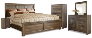 Juararo California King Panel Bed, Dresser, Mirror, Chest and Nightstand