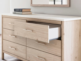 Cadmori Queen Upholstered Panel Bed, Dresser and Mirror