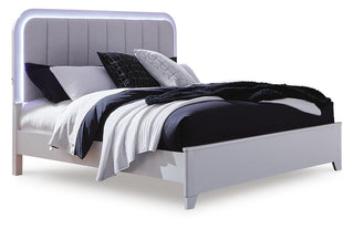 Jarlee Queen Upholstered Panel Bed, Dresser and Mirror