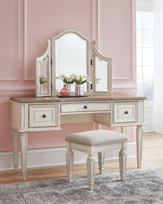 Realyn Full Panel Bed, Dresser, Mirror, 3-Piece Vanity and Nightstand