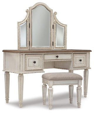 Realyn Queen Upholstery Panel Bed, Dresser, Chest, Nightstand, and Vanity Set