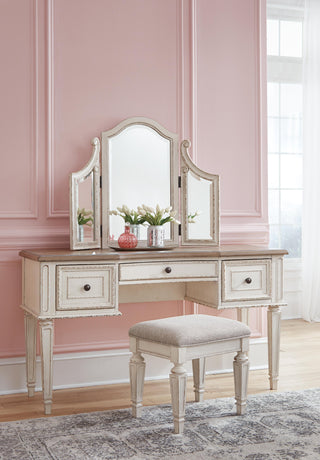 Realyn Twin Upholstered Panel Bed, Chest, Vanity and Nightstand