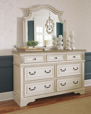 Realyn King Panel Upholstered Bed, Dresser, Mirror and Chest