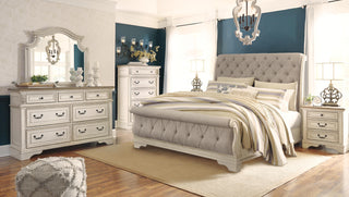 Realyn King Upholstered Sleigh Bed, Dresser, Mirror and 2 Nightstands