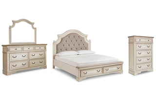 Realyn California King Upholstered Bed, Dresser, Mirror and Chest