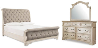 Realyn Queen Upholstered Sleigh Bed, Dresser and Mirror