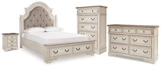 Realyn Queen Upholstered Storage Bed, Dresser, Chest and Nightstand