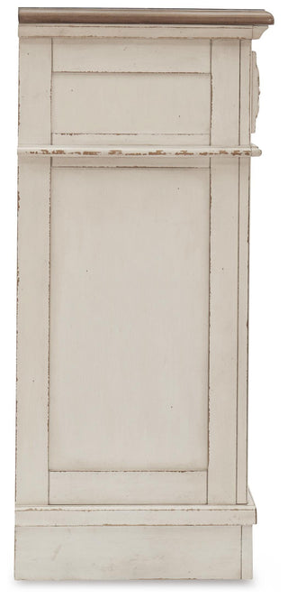 Realyn Queen Upholstery Panel Bed, Dresser, Chest, Nightstand, and Vanity Set