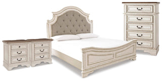 Realyn King Upholstered Panel Bed, Chest and 2 Nightstands
