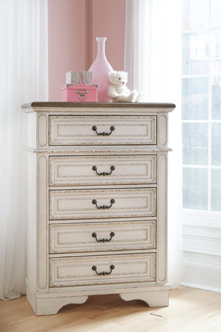 Realyn Twin Upholstered Panel Bed, Chest, Vanity and Nightstand