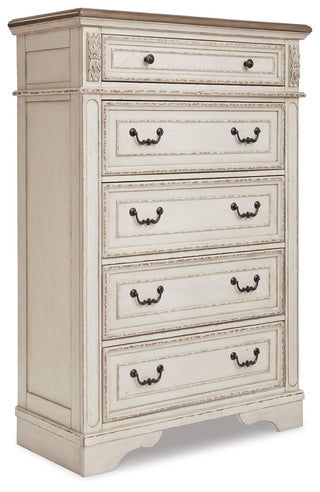 Realyn Queen Upholstered Storage Bed, Dresser, Chest and Nightstand