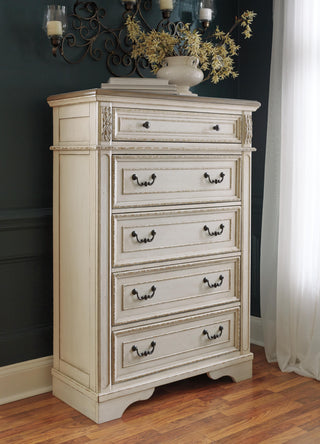 Realyn King Panel Bed, Dresser, Mirror, Chest and Nightstand