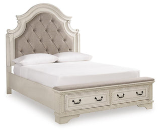 Realyn Queen Upholstered Storage Bed, Dresser, Chest and Nightstand