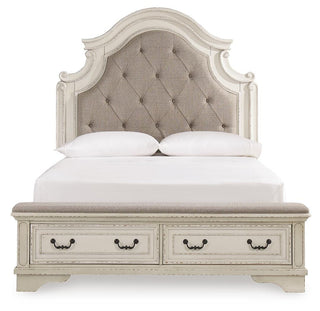Realyn Queen Upholstered Panel Bed with Storage, Dresser and Nightstand