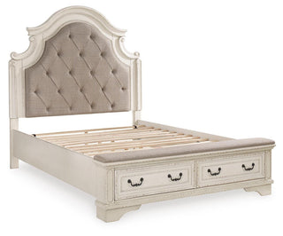 Realyn Queen Upholstered Panel Bed with Storage, Dresser and Nightstand