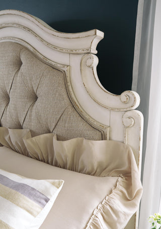 Realyn King Upholstered Panel Bed, Dresser, Mirror and Nightstand