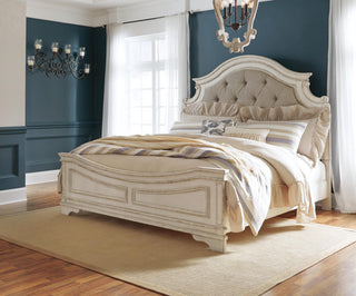 Realyn King Upholstered Panel Bed, Chest and 2 Nightstands