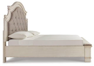 Realyn King Upholstered Panel Bed, Dresser, Mirror and Nightstand