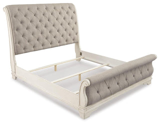 Realyn King Upholstered Sleigh Bed, Dresser and Nightstand