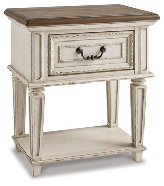 Realyn Queen Upholstered Panel Bed, Dresser, Mirror and 2 Nightstands