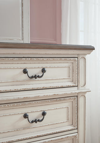 Realyn Queen Upholstered Panel Bed, Dresser, Mirror, Chest and Nightstand