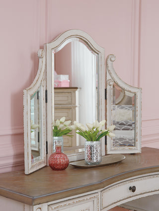 Realyn King Panel Bed, Dresser, Mirror, Chest, Vanity and Nightstand