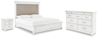 Kanwyn King Upholstered Panel Bed, Dresser and Nightstand