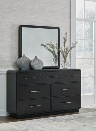 Rowanbeck Queen Upholstered Panel Bed, Dresser, Mirror and Nightstand