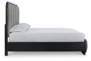 Rowanbeck Queen Upholstered Panel Bed, Dresser and Mirror