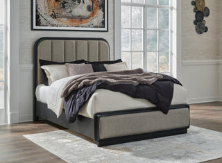 Rowanbeck Queen Upholstered Panel Bed, Dresser, Mirror and Nightstand