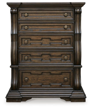Maylee King Upholstered Bed, Dresser, Mirror, Chest and 2 Nightstands